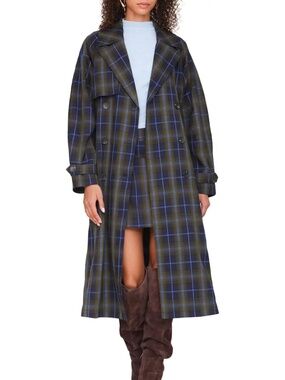 New! Avec Les Filles Women's Checkered Blue Double Breasted Trench, Size Medium